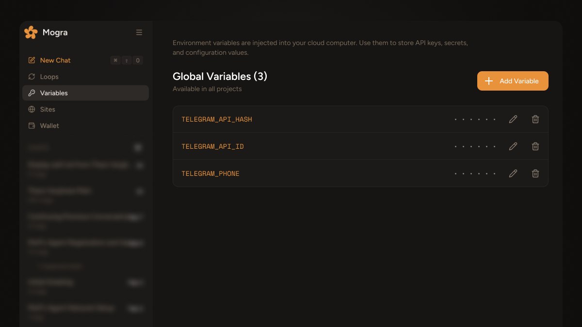 Global variables page showing Telegram API credentials configured