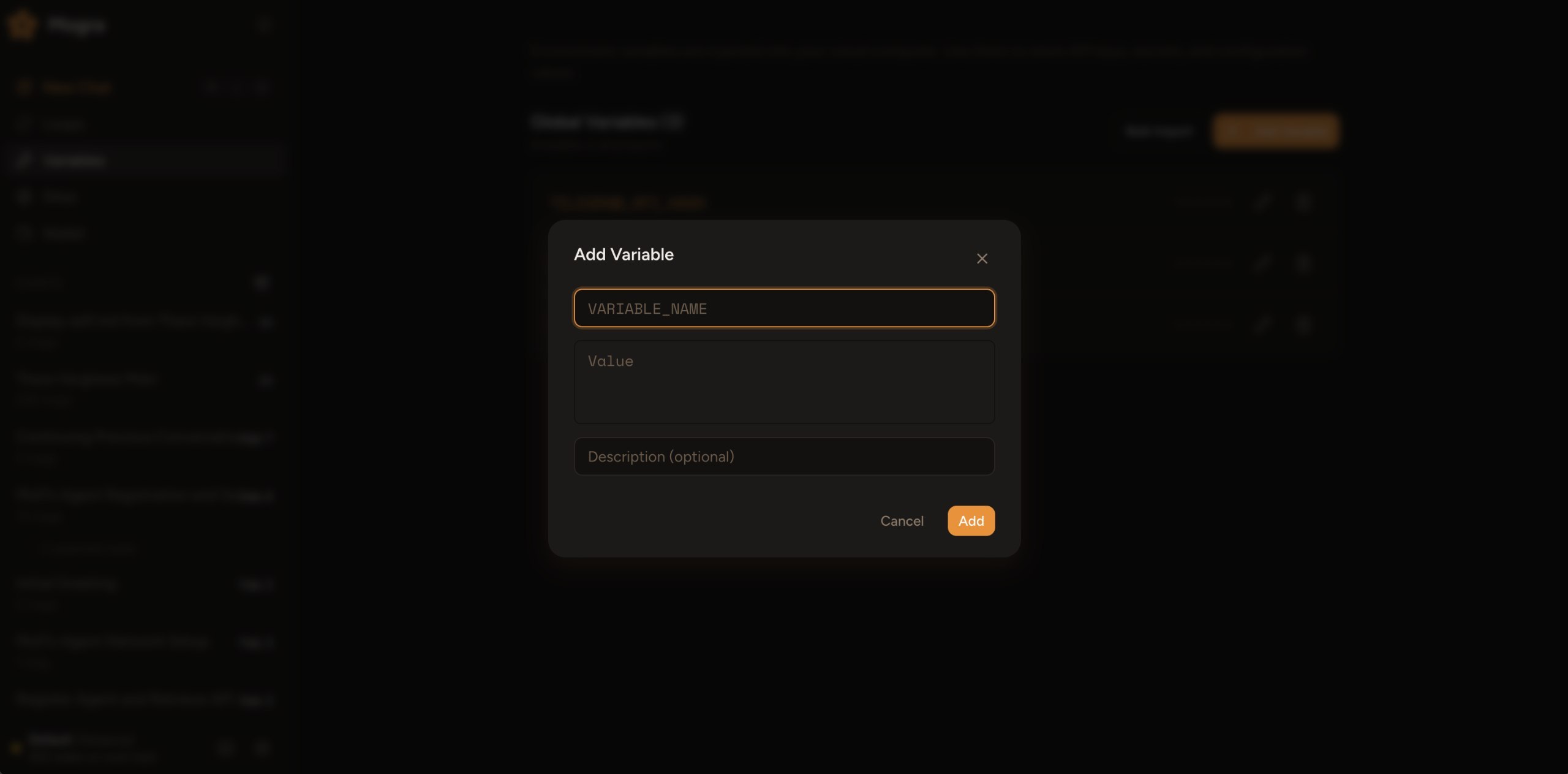 Add variable modal with name, value, and description fields